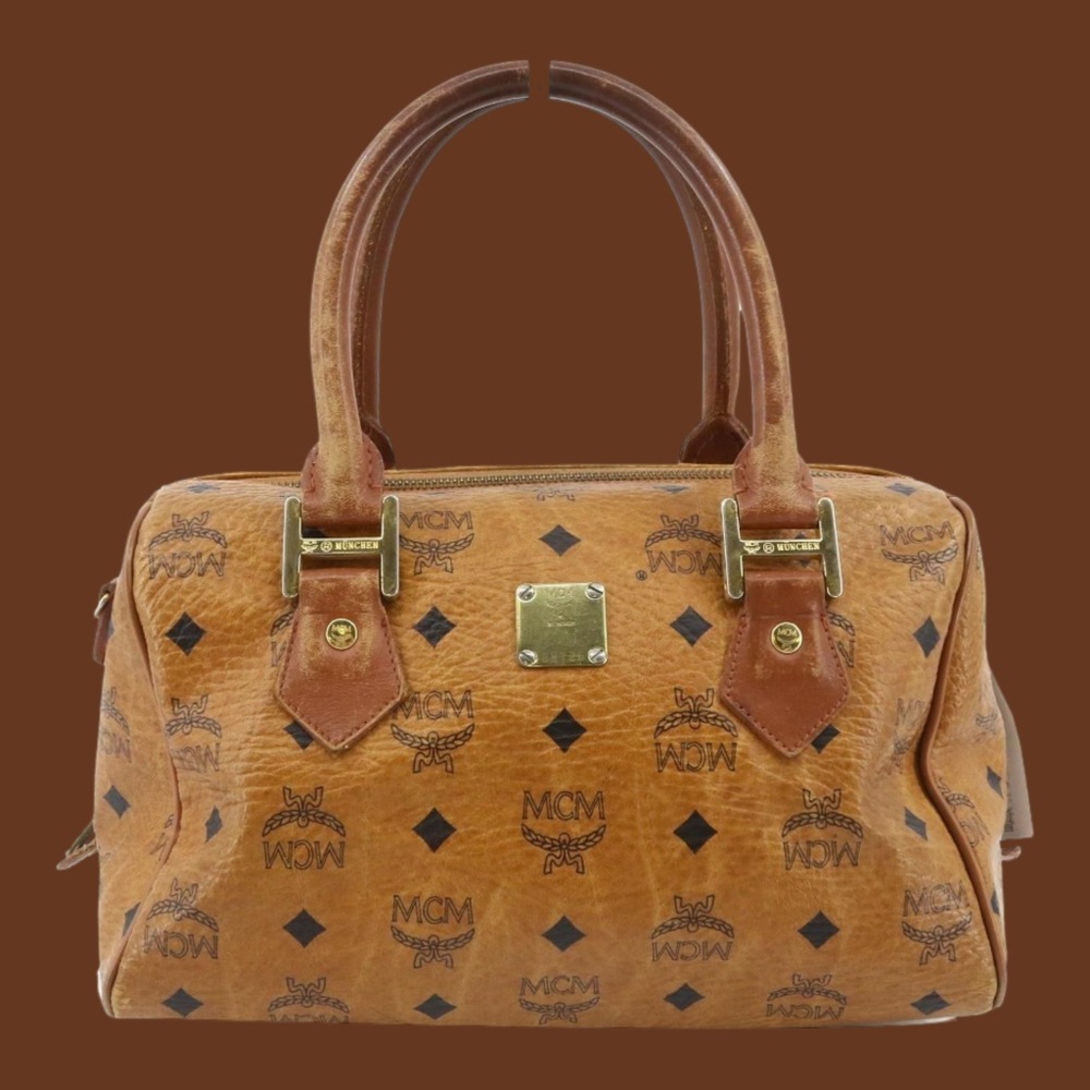 MCM Visetos Boston Hand Bag Tan Leather
